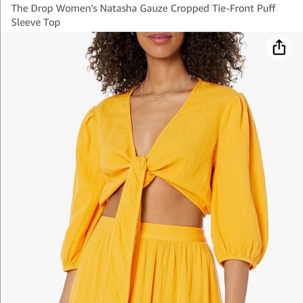 NWT The Drop Natasha Gauze Cropped Tie-Front Puff Sleeve Top | Mango | Size L